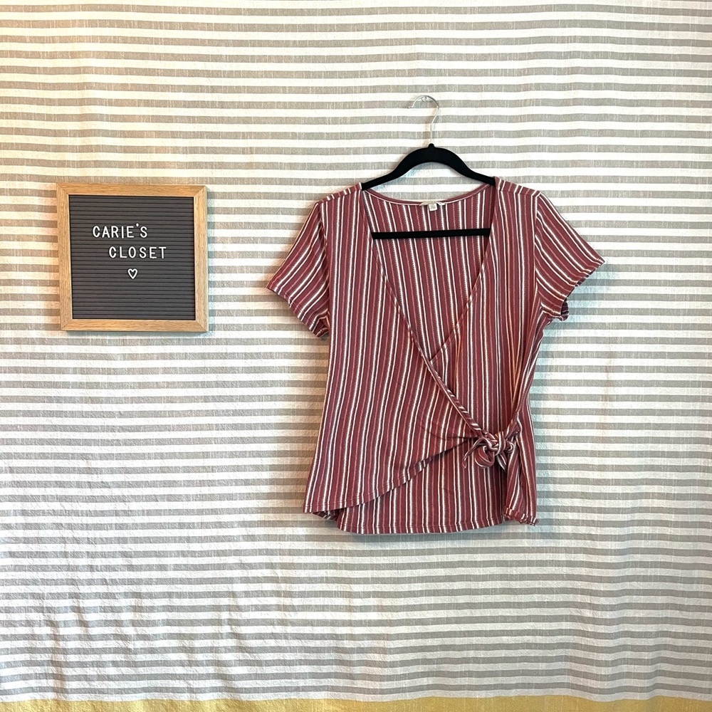 Lucky Brand Red Striped Wrap Short Sleeve Top